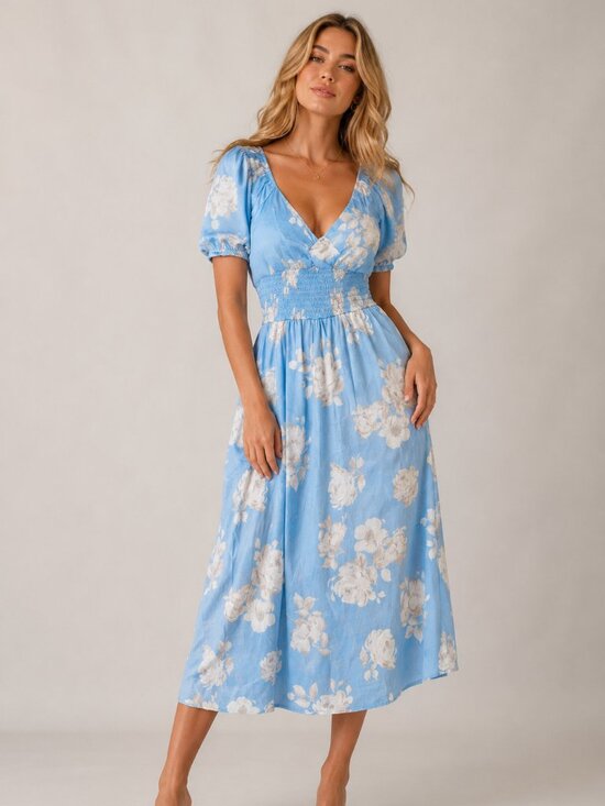 Dresses & Skirts - NWT Women's Blue Floral Midi Dress Puff Sleeve Smocked Twist Front A-Line